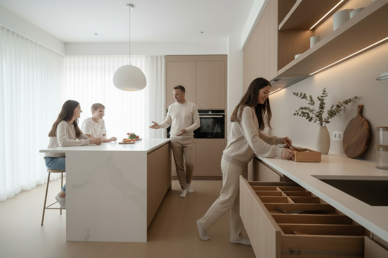 Famille dans cuisine — jeune fille en jeans